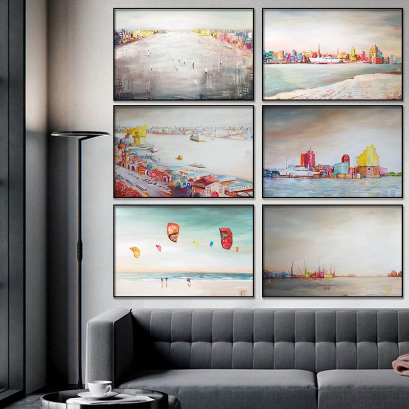Nórdico arte abstrata cais paisagem pintura da lona navio à beira-mar cidade cartaz escritório sala de estar corredor decoração casa mural
