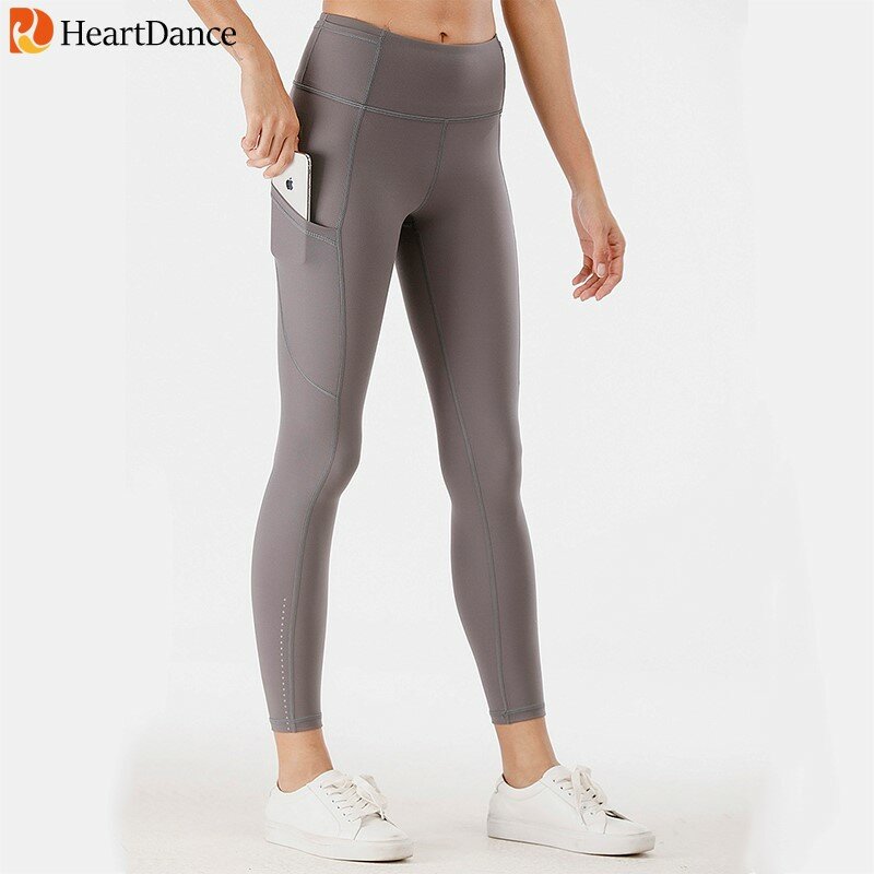 Lulu secagem rápida esporte de cintura alta leggins calças de jogging feminino fitness yoga calças com bolsos noite run pode refletir a luz