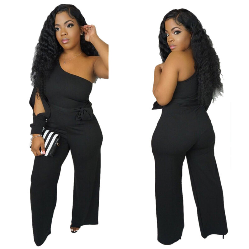 New Women Jumpsuits With Sashes Sexy One Shoulder Bow Solid Skinny Playsuits Rompers Pants Clubwear