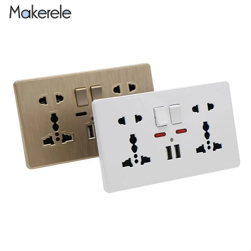 13A Universal Wall Power Socket Outlet Switch Control Socket 5 Holes 2USB Smart Induction Charge Port For Mobile 5V 2.1A