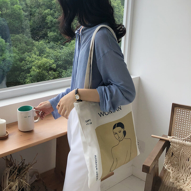 우아한 한국 패션 캔버스 핸드백 여성용, 간단한 쇼핑 토트백 문학 가방