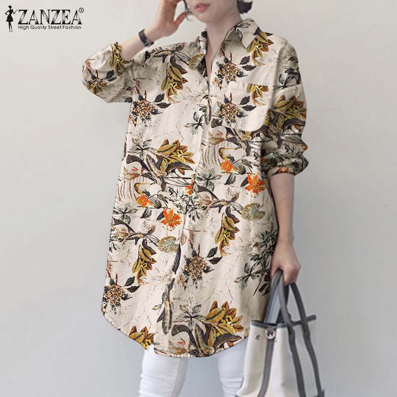 Women's Vintage Printed Shirts 2021 Offiec Lady Spring Long Sleeve Tops ZANZEA Casual Female Loose Lapel Pockets Oversized Blusa