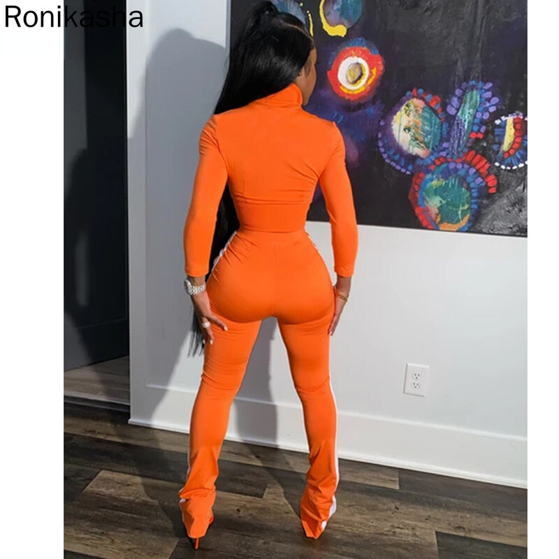 Ronikasha 2 Piece Outfits for Women Color Block Long Sleeves Full Zip Sweatsuit with Collar Long Pants with Pockets Set