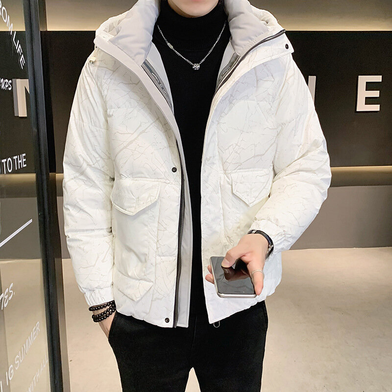 2021 inverno nova juventude coreano loja proprietário estilo casual impresso cardigan com capuz jaqueta jaqueta masculina para baixo jaqueta