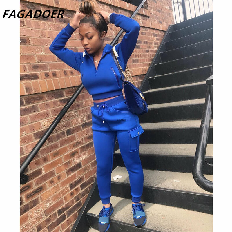 FAGADOER Tracksuits Women Sets Long Sleeve Zipper Hoodie+And Drawstring Jogger Sweatpant Two Piece Suits Solid Casual Streetwear