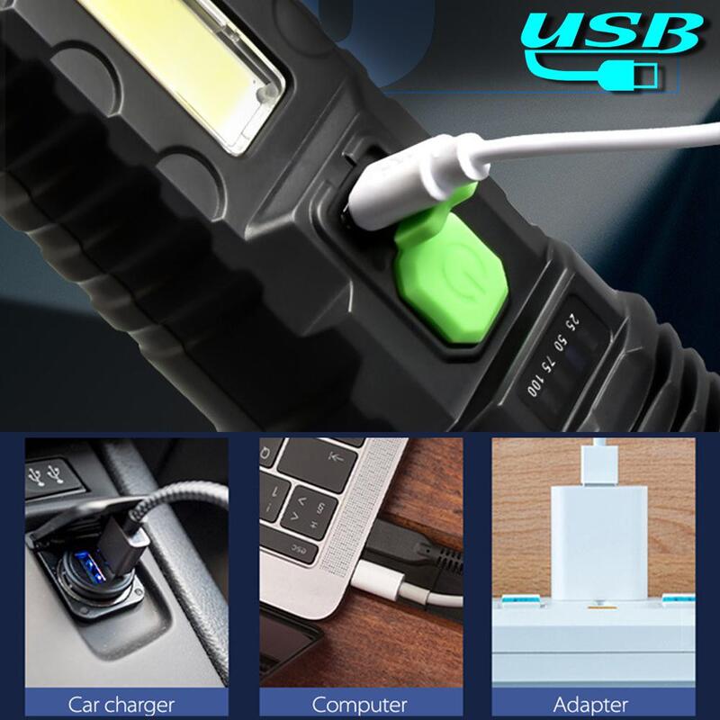 Senter Pengisi Daya USB/Surya Senter Baterai Bawaan dengan Lampu Samping COB Senter Surya Lampu Tangan Tahan Air Lampu Berkemah