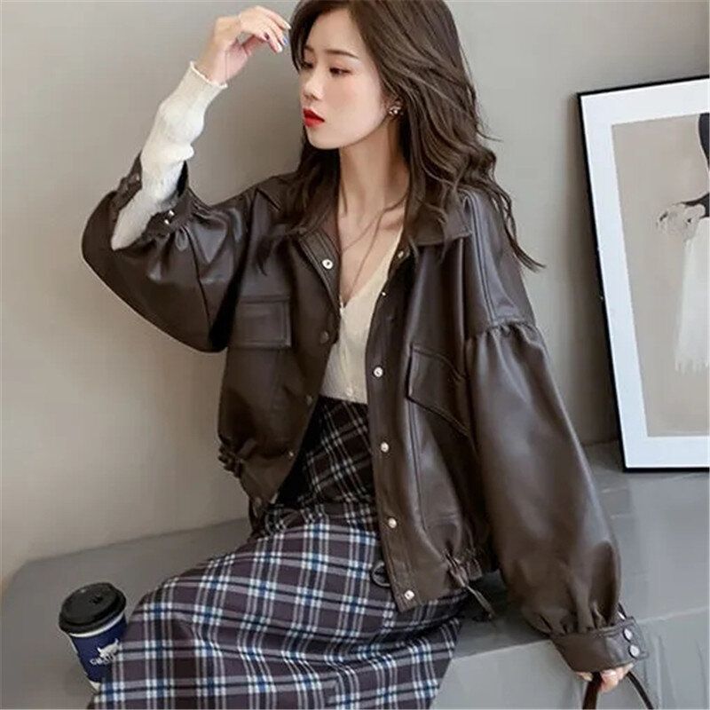 Moda coreana outono inverno jaqueta de couro feminino oversize plutônio casaco de couro solto casual curto streetwear outerwear feminino 2022