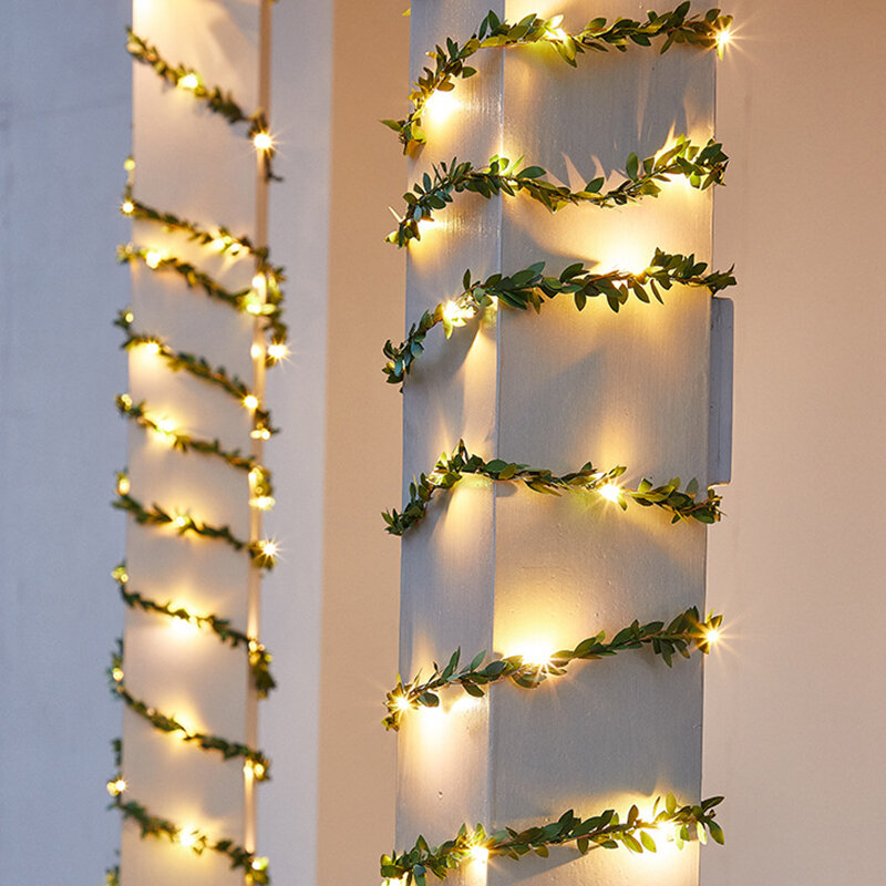 Guirnalda de luces alimentadas por energía Solar, lámpara LED para decoración navideña de jardín al aire libre, planta, hoja de arce, lámpara de ratán verde