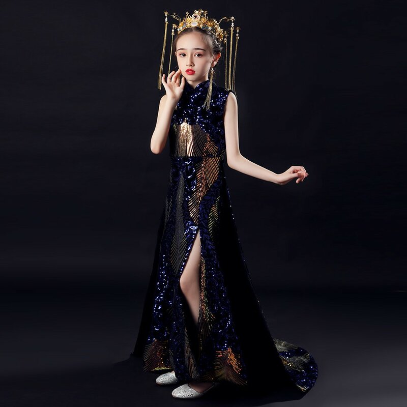 Pailletten Meisje Model Catwalk Mermaid Avondjurk Kinderen Luxe Prinses Feestjurk Meisje Host Kostuum Mode Chinese Stijl