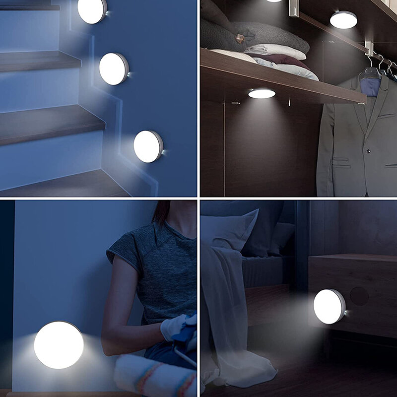 Motion Sensor Night Light USB Charging Two-color LED Night Light Round Body Induction Lamp Closet Lamp Wireless Cabinet Light