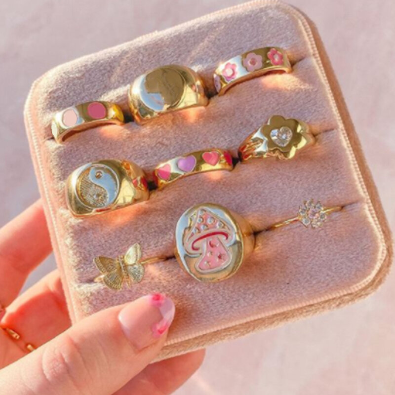 2021 Trendy Color oro anelli impilati coreano carino smalto tartaruga cuore farfalla Tai Chi anelli scelta meravigliosa per gioielli da donna