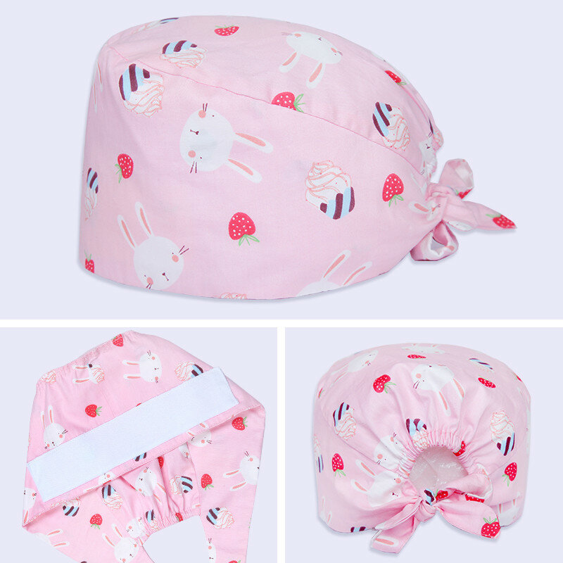 Bonnets de gommage imprimés lapin et fraise, couvre-tête rose pour soins dentaires, vétérinaire, esthéticienne, Chef, 100% coton