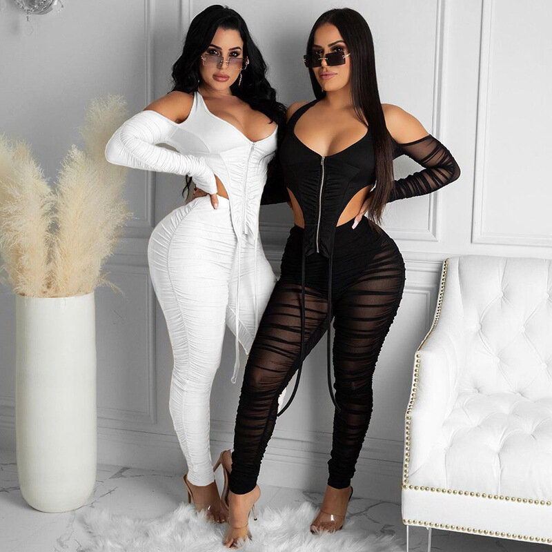 QuanRun 2021 Sexy Fashion Women Solid Clothing Halter Top Perspective Mesh Long Jumpsuit Party Sexy Club Streetwear Spring