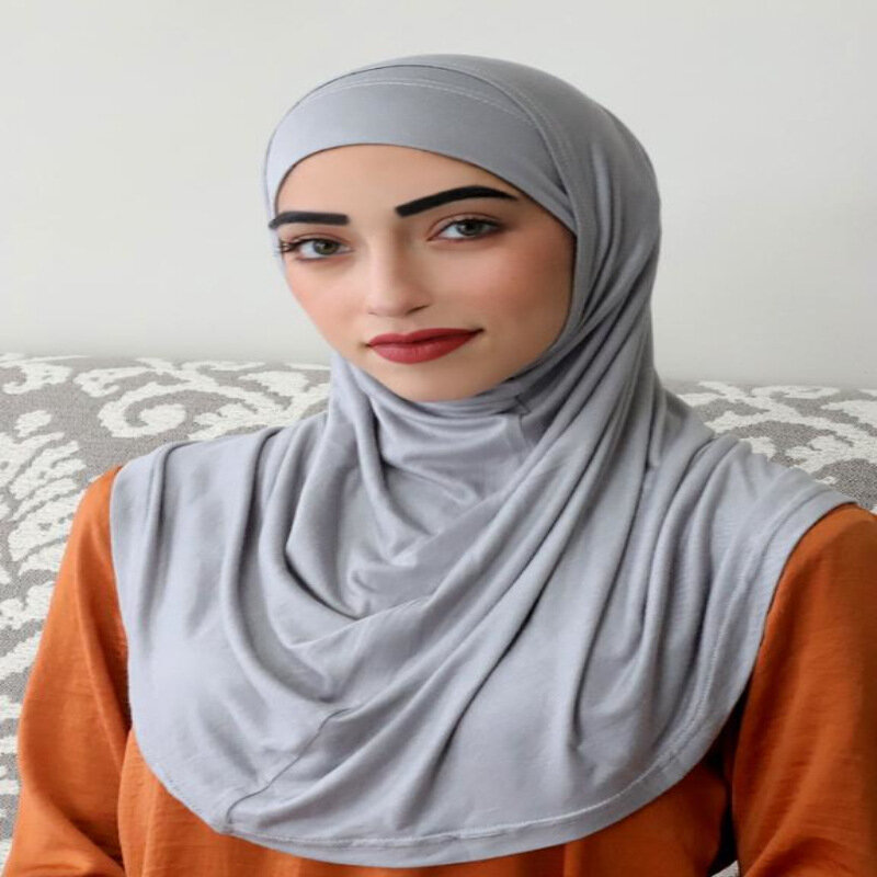Muslim Amira Two-piece Suit Instant Hijab Scarf Turban Headwraps Women Islamic Solid Soft Cotton Headscarf Arab Shawls Headwear