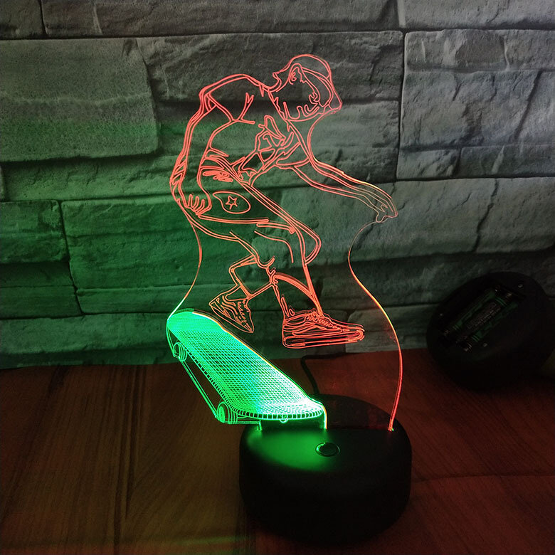 Skateboarden 3D Led Acryl Nachtlampje Kantoor Bar Slaapkamer Decor 7 Kleuren Change Illusie Tafel Bureaulamp Kids Gift