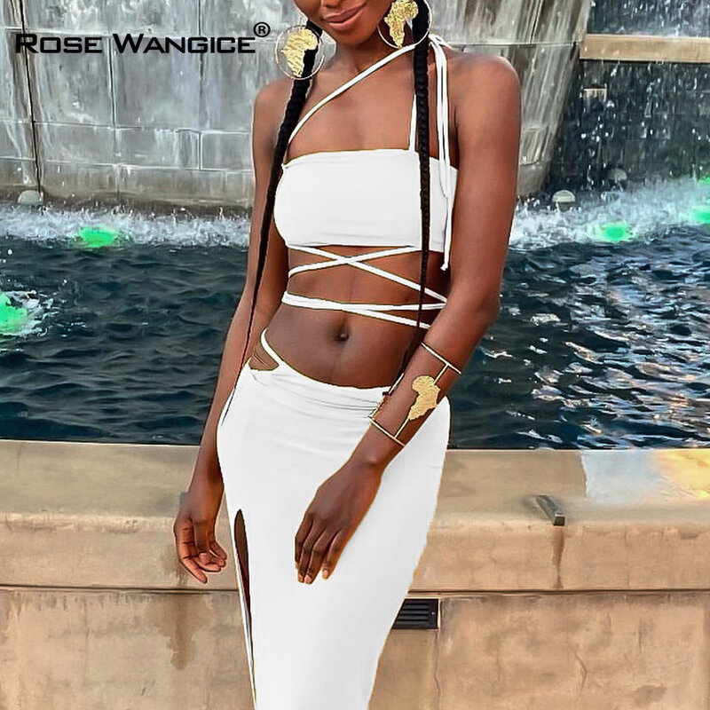 2021 Women Summer Fashionable One - Shoulder Sleeveless Strapless Slant - Shoulder Two - Piece High Waist Strap Split Dress Set