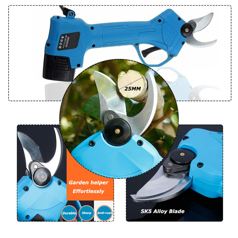 500W Cordless Electric Pruning Shears Rechargeable Pruning Scissors Garden Pruner Secateur Branch Cutter Cutting Tool w 2 Batery