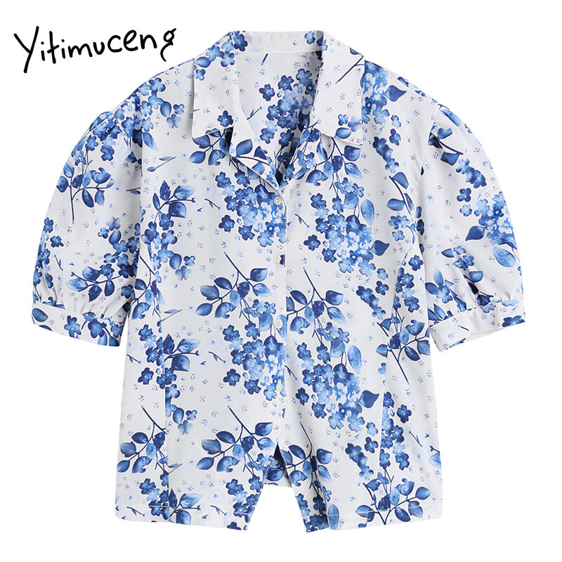 Yitimuceng impressão floral blusa feminina botão up camisas manga puff turn-down colarinho em linha reta 2021 verão moda coreana novos topos