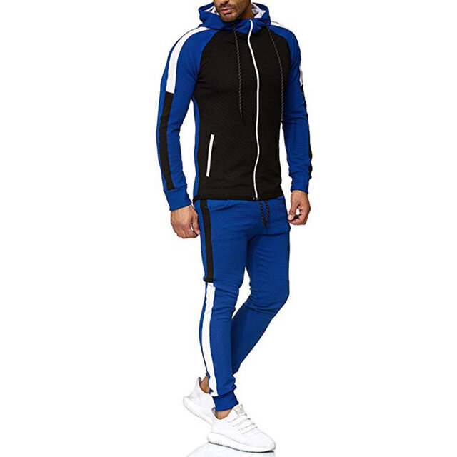 الموضة مخطط اللون حجب سليم صالح الرياضة البدلة اللياقة البدنية الركض معطف بقلنسوة الرجال بذلة رياضية كبيرة الحجم عادية 2 قطعة