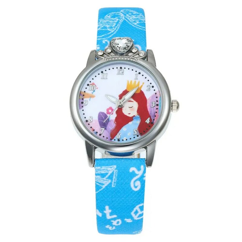 ساعة برينسيس للبنات ، حزام جلدي ، تصميم كرتوني لطيف ، هدية وردية ، ساعة تعليمية