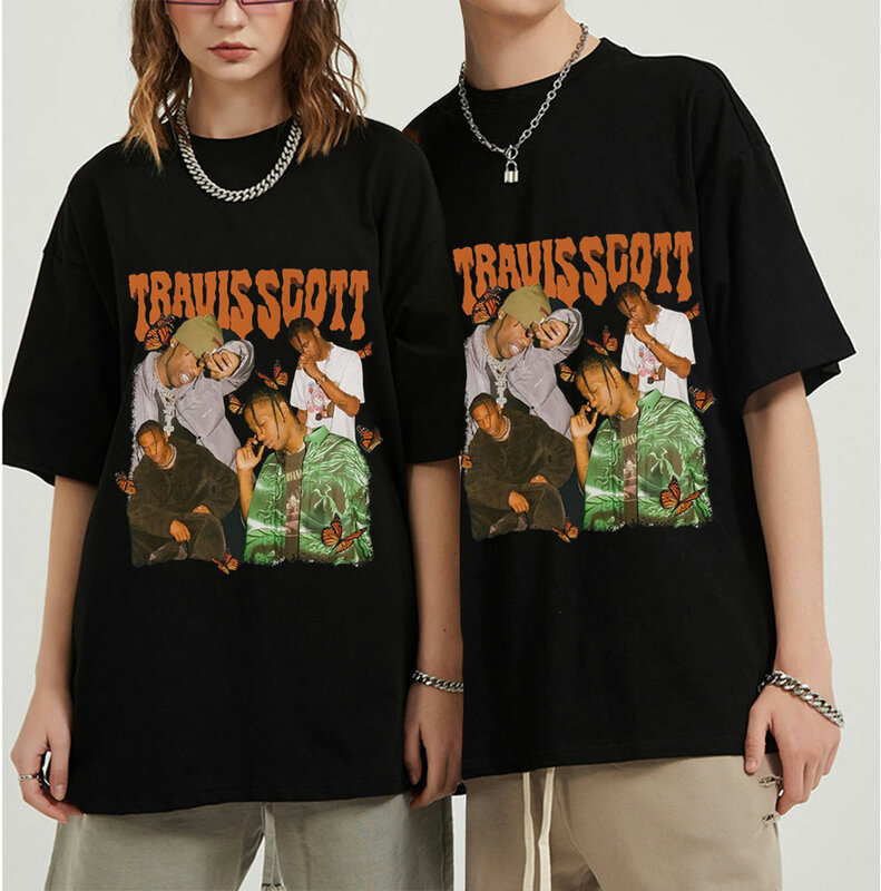 Camiseta estampa de desenho travis scott, camiseta solta de manga curta casual de verão com gola redonda para casal de rapper, camiseta masculina