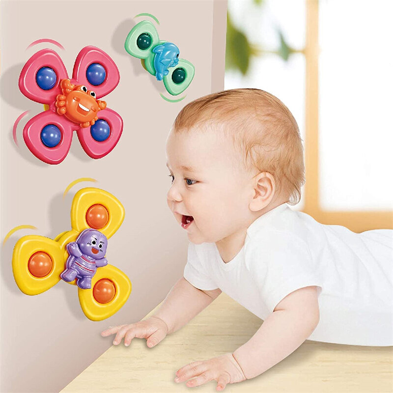 Novidade Fidget Ventosa Spinner Toy para bebê, Cartoon Insect Rotate Rattle, Educational Baby Games, Brinquedos de banho para crianças, 3pcs
