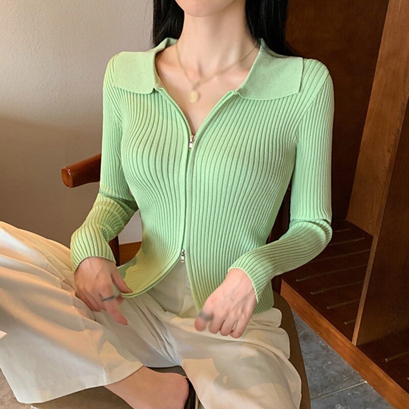 Suéter Sexy para mujer, prendas de vestir con cremalleras dobles, diseño de solapa, Chaqueta corta ajustada de manga larga, sólido, suéteres de punto acanalado, 2021