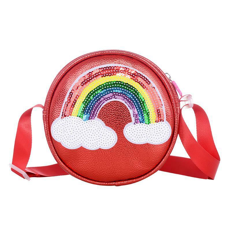 Moda 2020 borsa a tracolla per bambini borsa in pelle PU regolabile con cinturino largo borsa da viaggio rotonda con stampa arcobaleno
