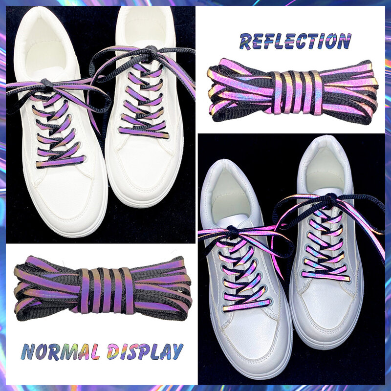 Cadarços para tênis de sapato, cadarços baixos e largos de sapatos, brilho refletor a laser, glitter, moda feminina e masculina
