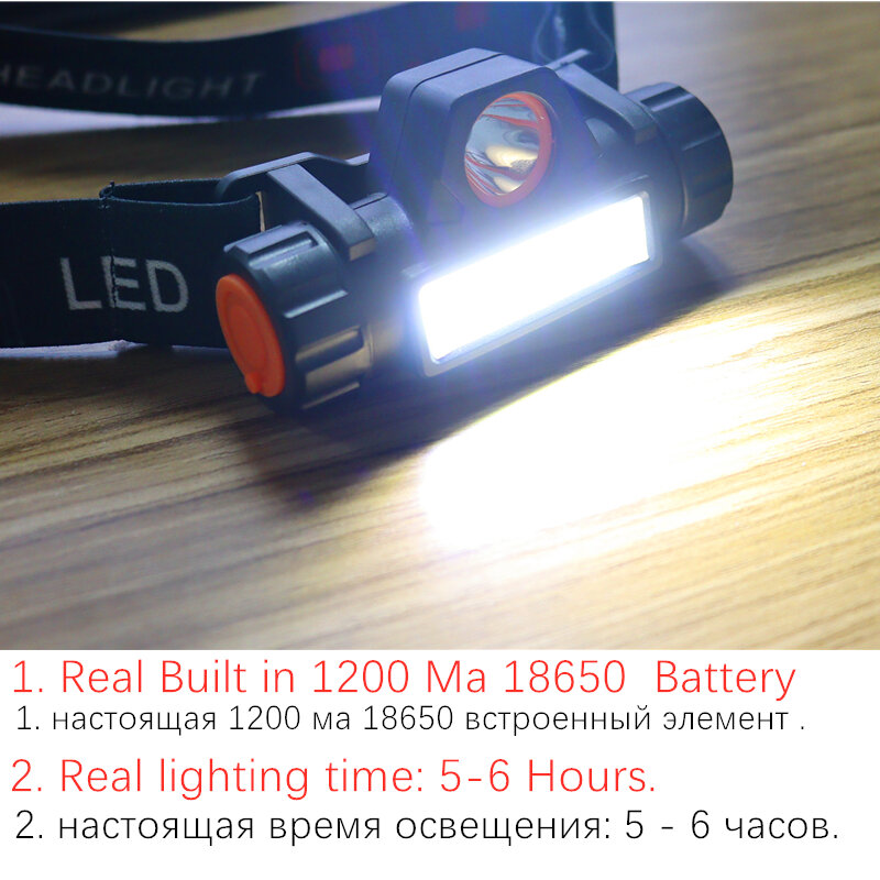 Портативный мини-фонарик Q5 + COB, светодиодный налобный фонарь + 1 * Встроенный аккумулятор 18650, уличный фонарь для кемпинга, головка велосипеда...