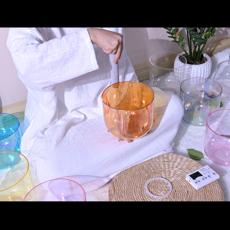 Diaezor 7 дюймов Цвет ясный чакра космический светильник Алхимия Magic с оранжевым кристаллом, Поющая чаша для медитации с открытые замшевые палк...