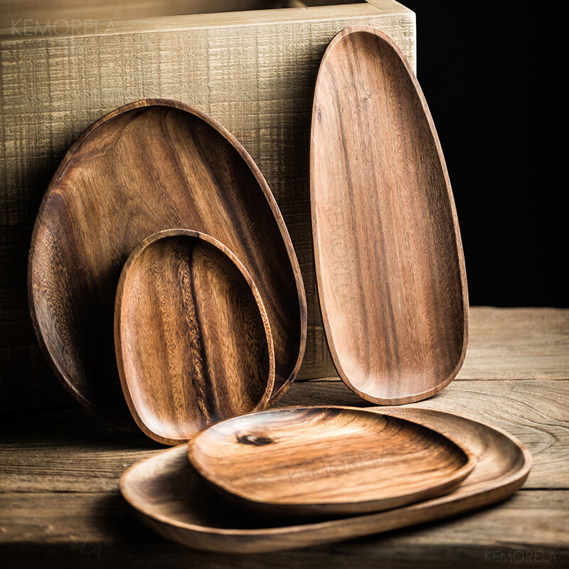 Conjunto de bandejas enteras de madera maciza para pan, platos ovalados, irregulares, artículos de mesa para frutas, té, postre y cena