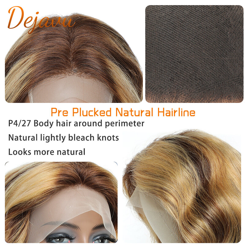 Perruque Lace Front Wig Body Wave naturelle, cheveux humains, couleur ombré 4/27, 13x4, naissance des cheveux, pre-plucked, pour femmes