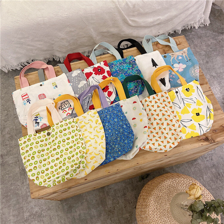 20 Styles Women Picnic Lunch Bags Canvas Fruit Printing Handbags Tote Lady Casual Cotton Cloth Shoulder Bags Lunch Kit for Girls