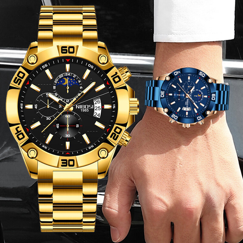 Часы наручные NIBOSI Мужские кварцевые, брендовые деловые водонепроницаемые с браслетом из нержавеющей стали, с датой 30 м