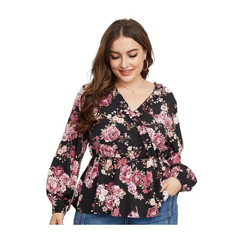 Scforte Summer Plus Size nuova camicia floreale a maniche lunghe da donna scollo a V Moda pendolare stampa Top Blusas Mujer De Moda 2021