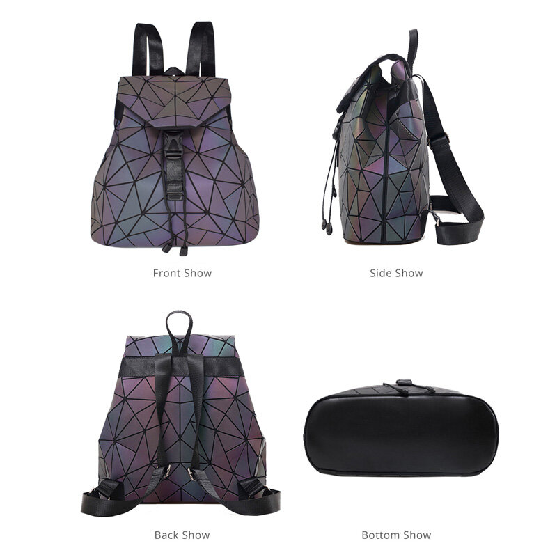 Women Backpack Diamond Lattice Geometry Quilted School Bag Backpacks For Teenage Girl Luminous School Bags Holographic Mochila