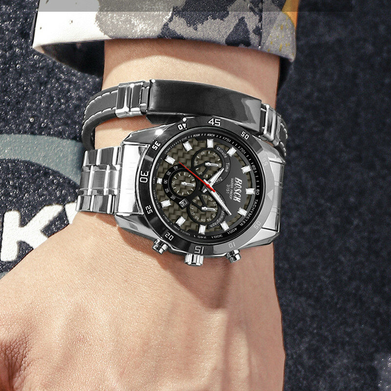 Relógio masculino luminoso de quartzo, relógio militar casual de aço inoxidável à prova d'água com data para homens, relógio esportivo
