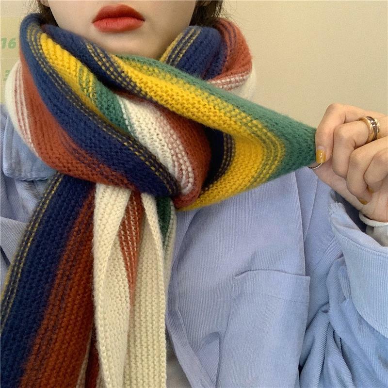 Design da marca arco-íris listrado lenço de malha para as mulheres inverno doce meninas bonito quente lenço feminino xale envoltório engrossar foulard
