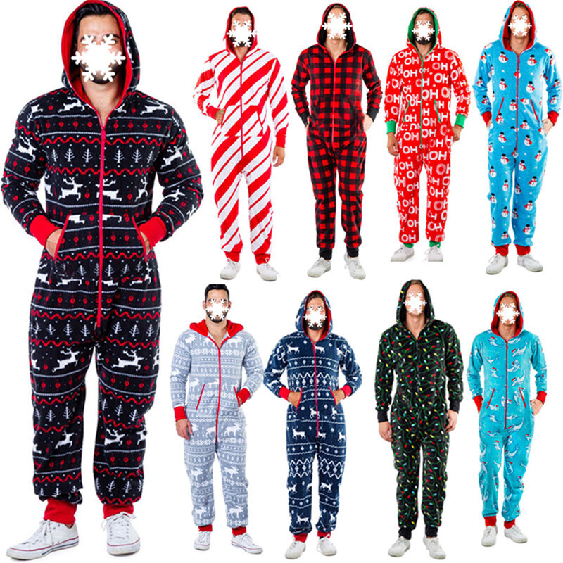 Mannen Kerst Nachtkleding Herfst Winter Warm Elanden Sneeuwpop Print Lange Mouw Pyjama Jumpsuit Leisure Soft Home Kleding