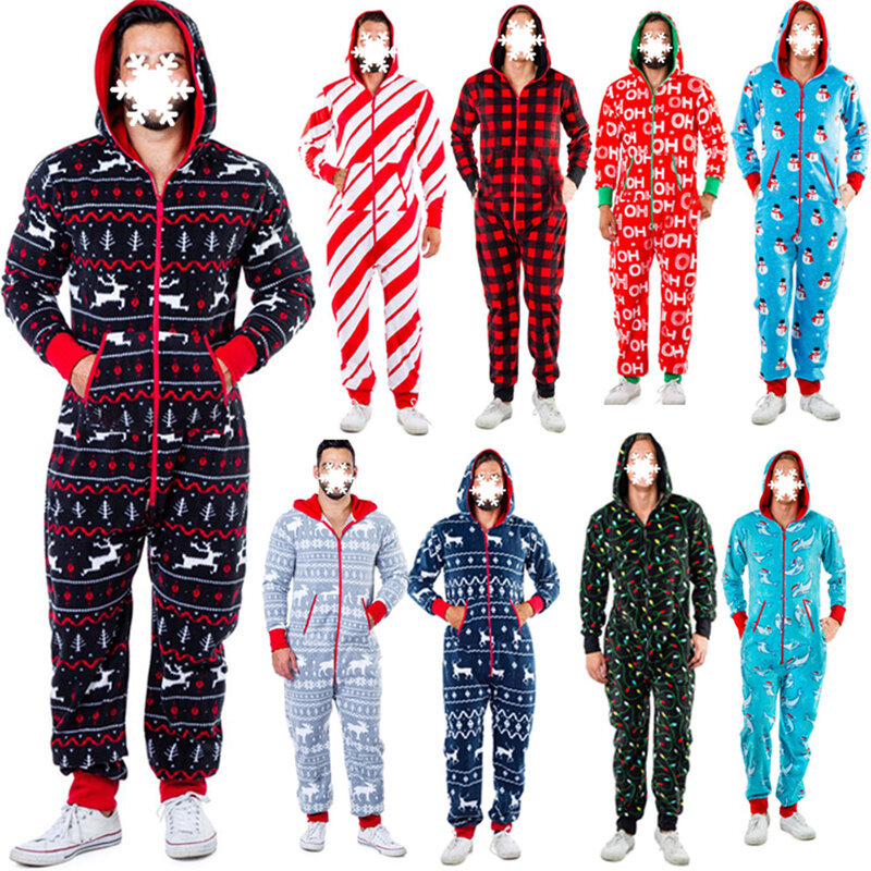 Men Christmas Sleepwear Autumn Winter Warm Elk Snowman Print Long Sleeve Pajamas Jumpsuit Leisure Soft Home Clothes