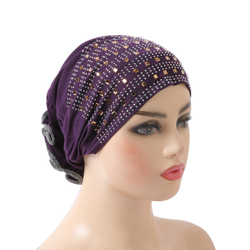 H008 Topi Muslim Kualitas Tinggi dengan Berlian Imitasi Menarik Syal Islam dengan Bunga Di Belakang Turban Hijab Topi Bagian Dalam