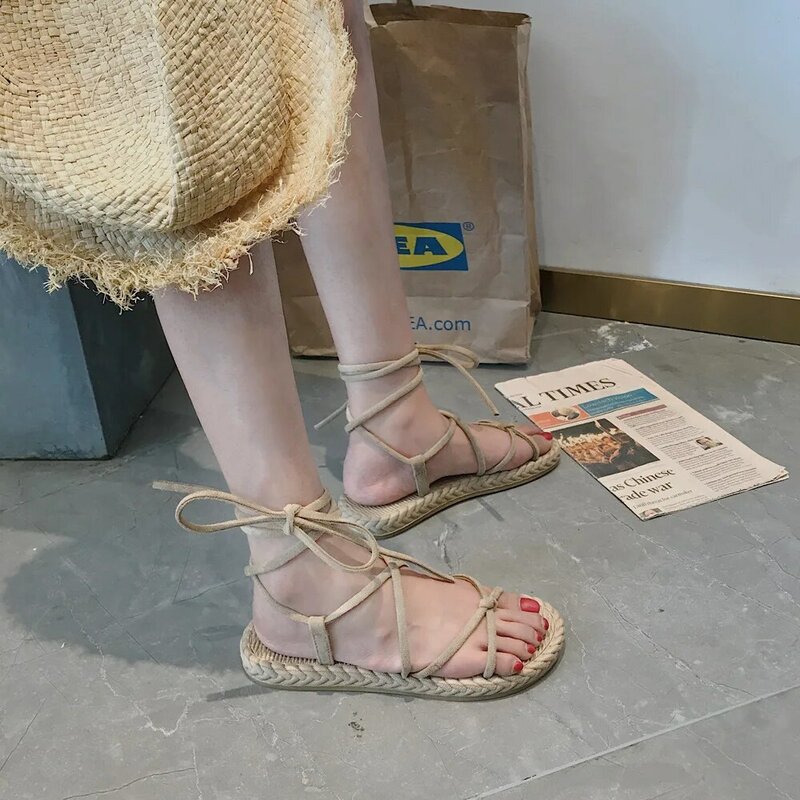 Buty damskie płaska podeszwa i proste rzymskie tkackie letnie buty sznurowane damskie sandały