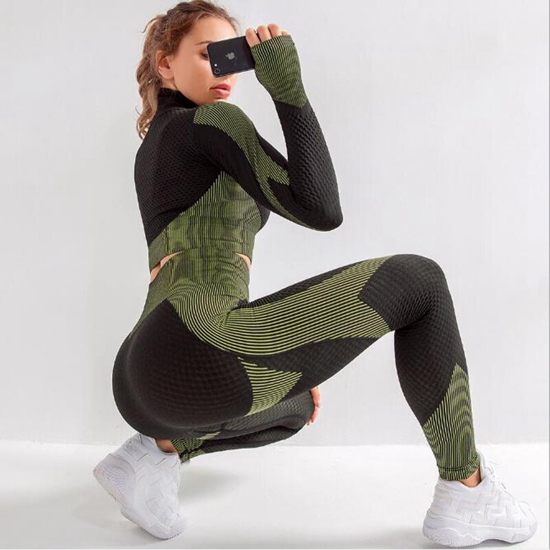 Women Seamless yoga sets Fitness Sports Suits GYM bra Long Sleeves Zippered Shirts High Waist Leggings Workout Yoga top clothing