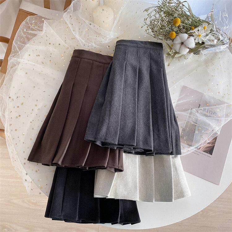 Женская шерстяная юбка на осень и зиму, Корейская утепленная тонкая трапециевидная плиссированная юбка с высокой талией, 2021