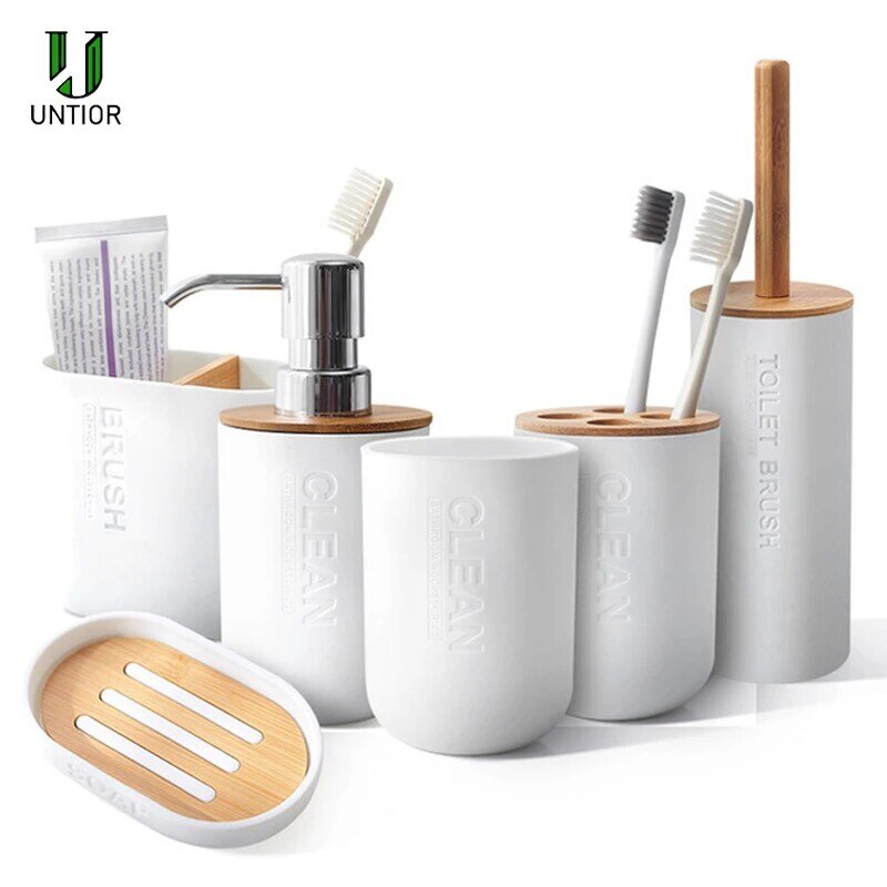 UNTIOR-accesorios de baño de bambú, soporte para cepillo de dientes, dispensador de jabón, juego de baño, accesorios de decoración para el baño