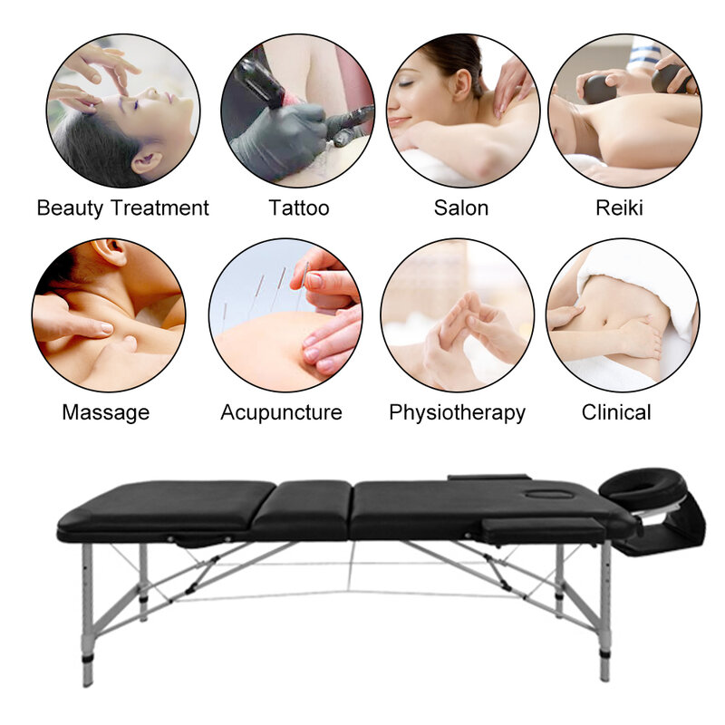 Mesa de Massagem dobrável Cama Sofá Leve Profissional Tattoo Beleza Spa Salon Reiki 3 Seção com Encosto de Cabeça Bolsa de Transporte