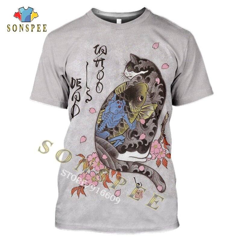 T-shirt Tato Kucing Samurai Jepang Gambar 3D T-shirt Musim Panas Kasual Wanita Seni Klasik Keren Pria Leher Bulat Lengan Pendek