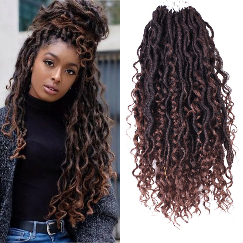Synthetic Crochet Braids Hair Twist Ombre Brown Faux Locs With Curly River Goddess Braiding Hair Extension