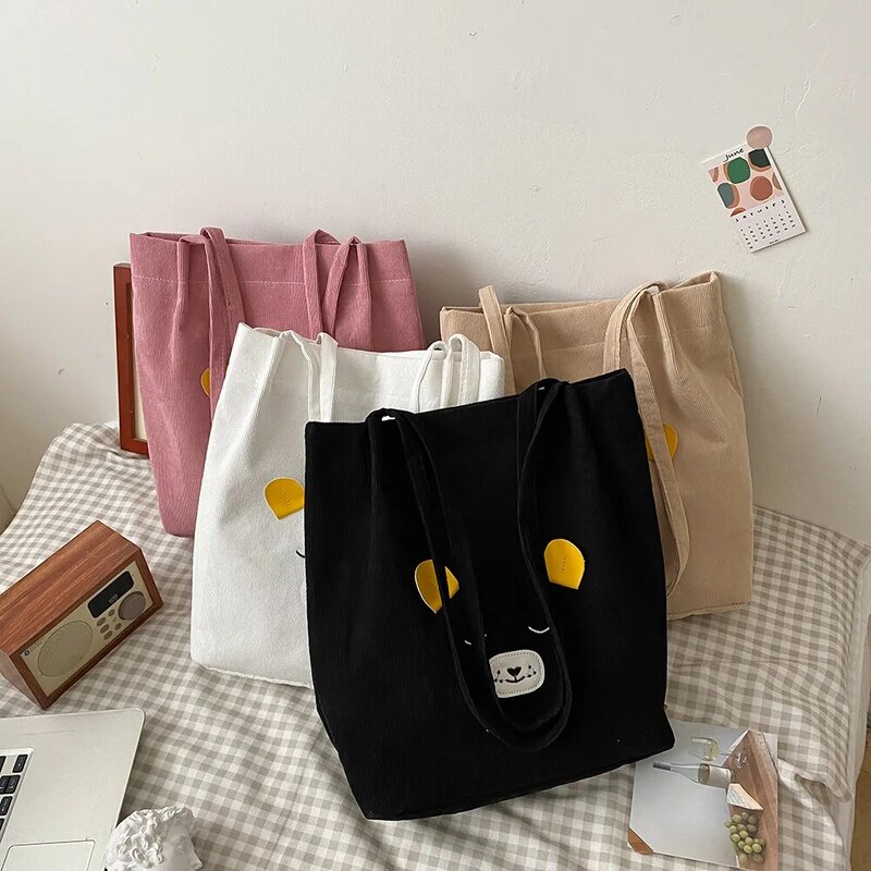 Casual Cartoon Bear Printed Women's Handbag Fashion Corduroy Solid Color Shoulder Tote Bags Simple Large Capacity Shopping Pouch